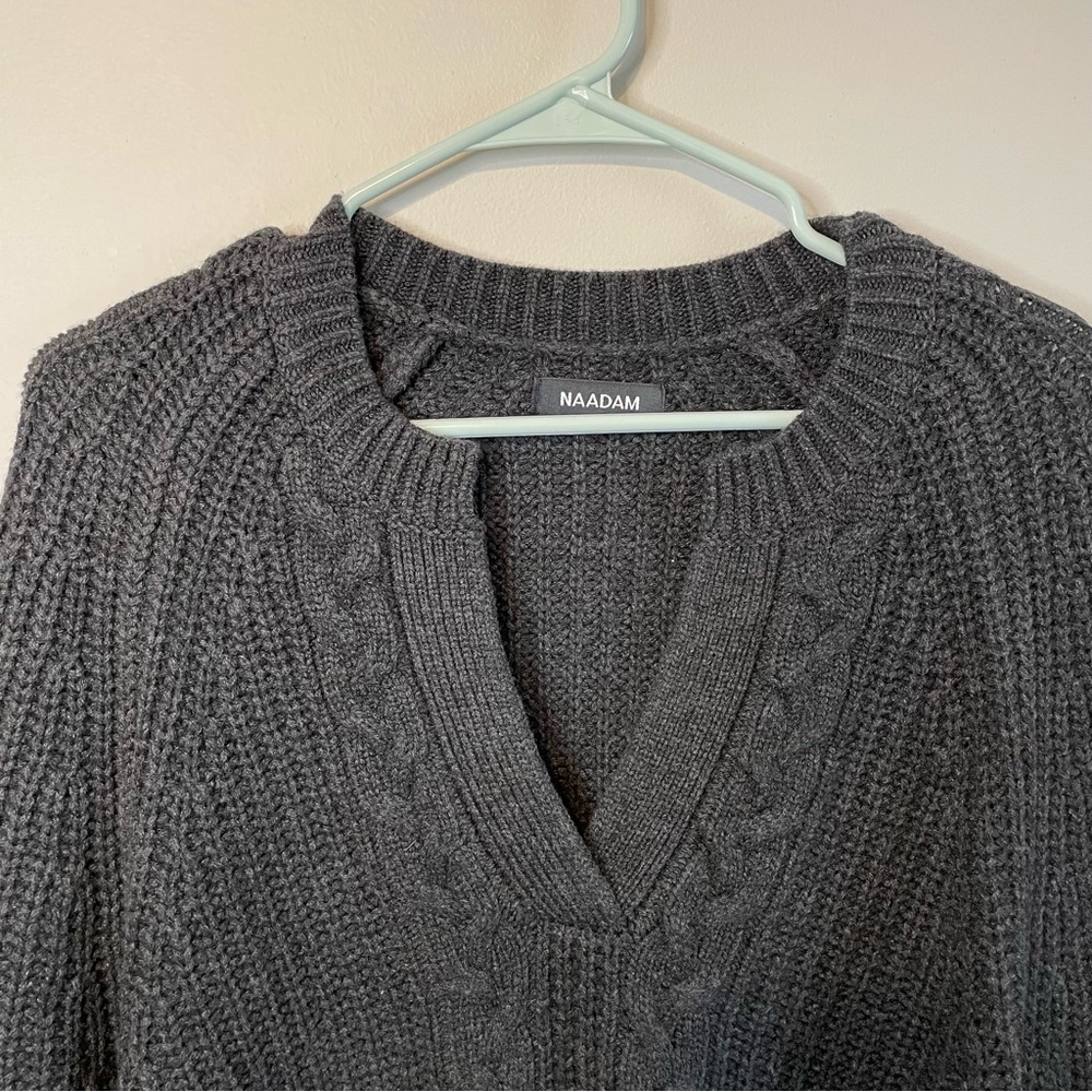 Naadam Cable Knit Wool Cashmere Charcoal Gray Sweater V Neck - Picture 2 of 6